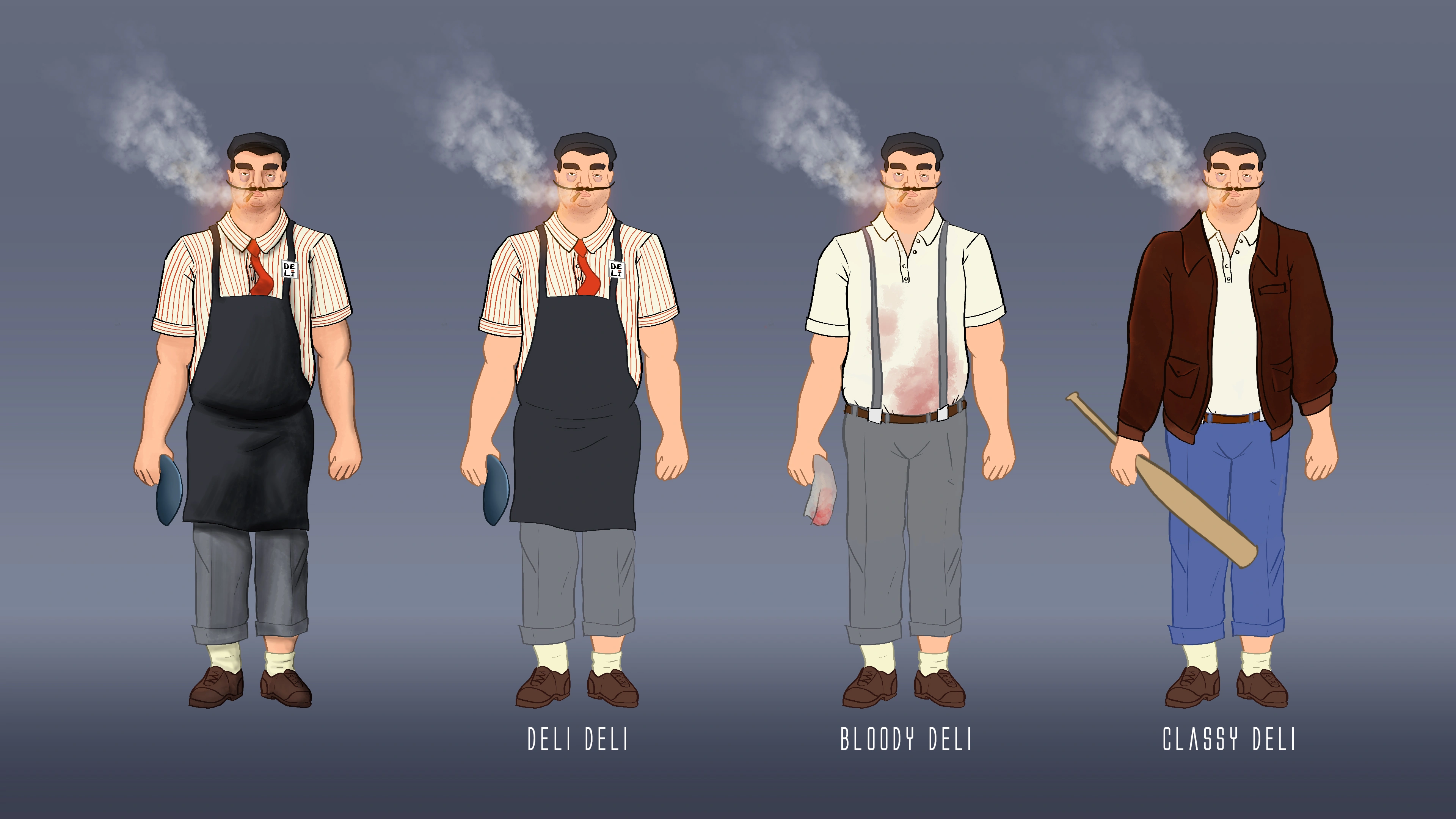 Illustration of four versions of the same male character stand side by side on a plain background, each wearing different outfits and holding various objects.