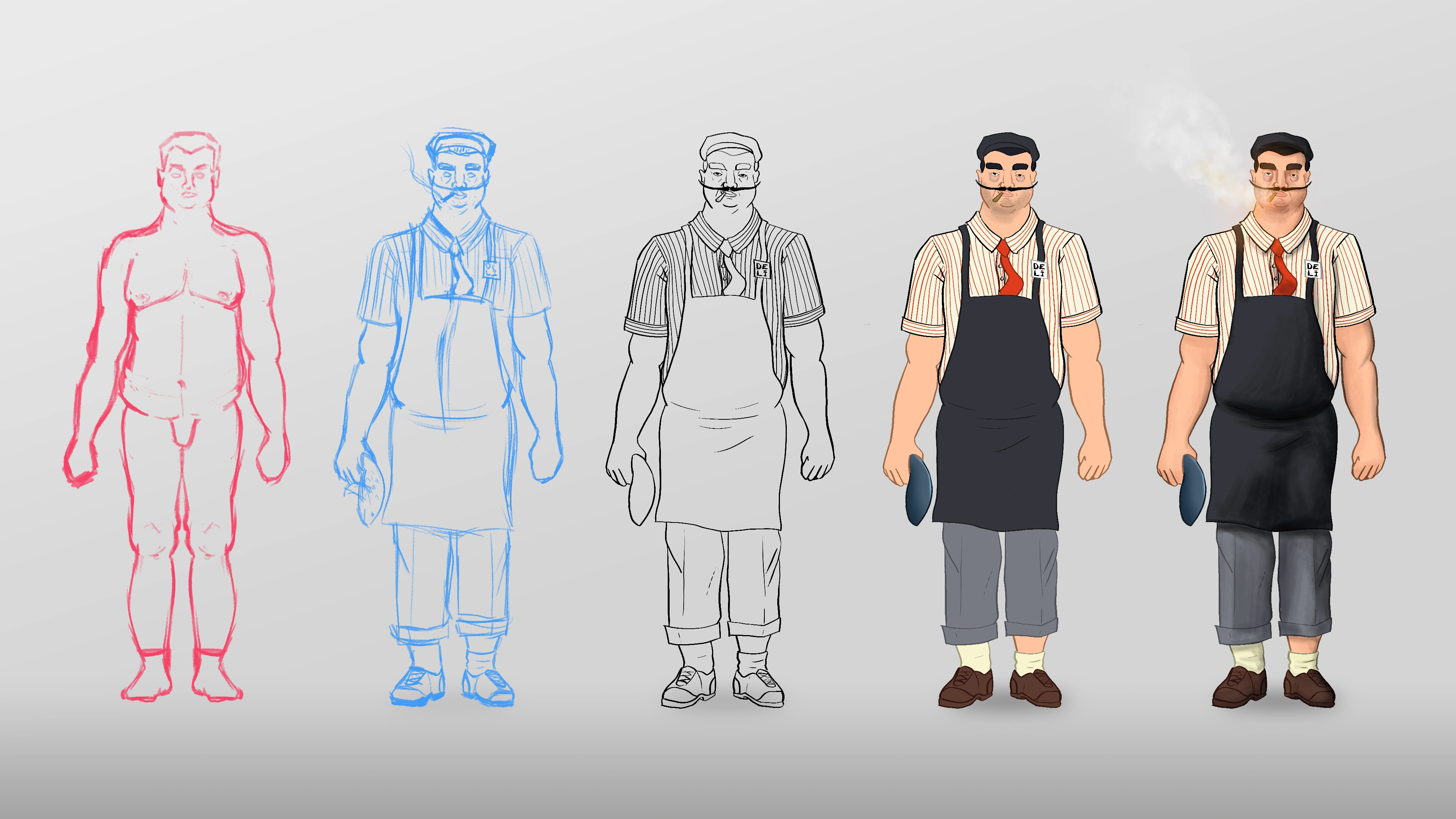 Progression of five illustrations depicting the development stages of a male character, from a basic male anatomy sketch to a final polished version.