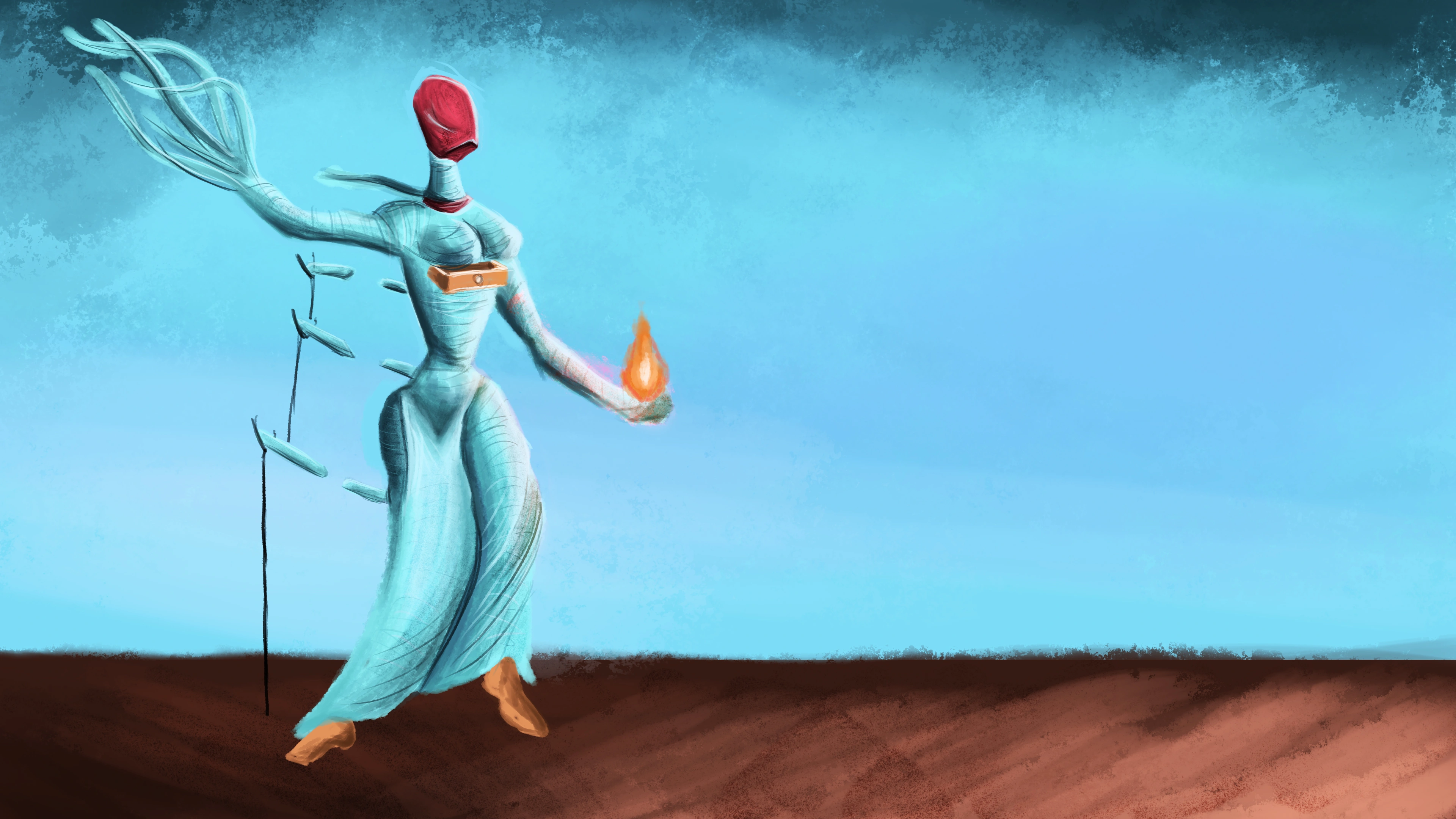 Illustration of a tall figure in flowing turquoise robes, holding a small flame in one outstretched hand; reminiscent of Salvador Dali's The Burning Giraffe.