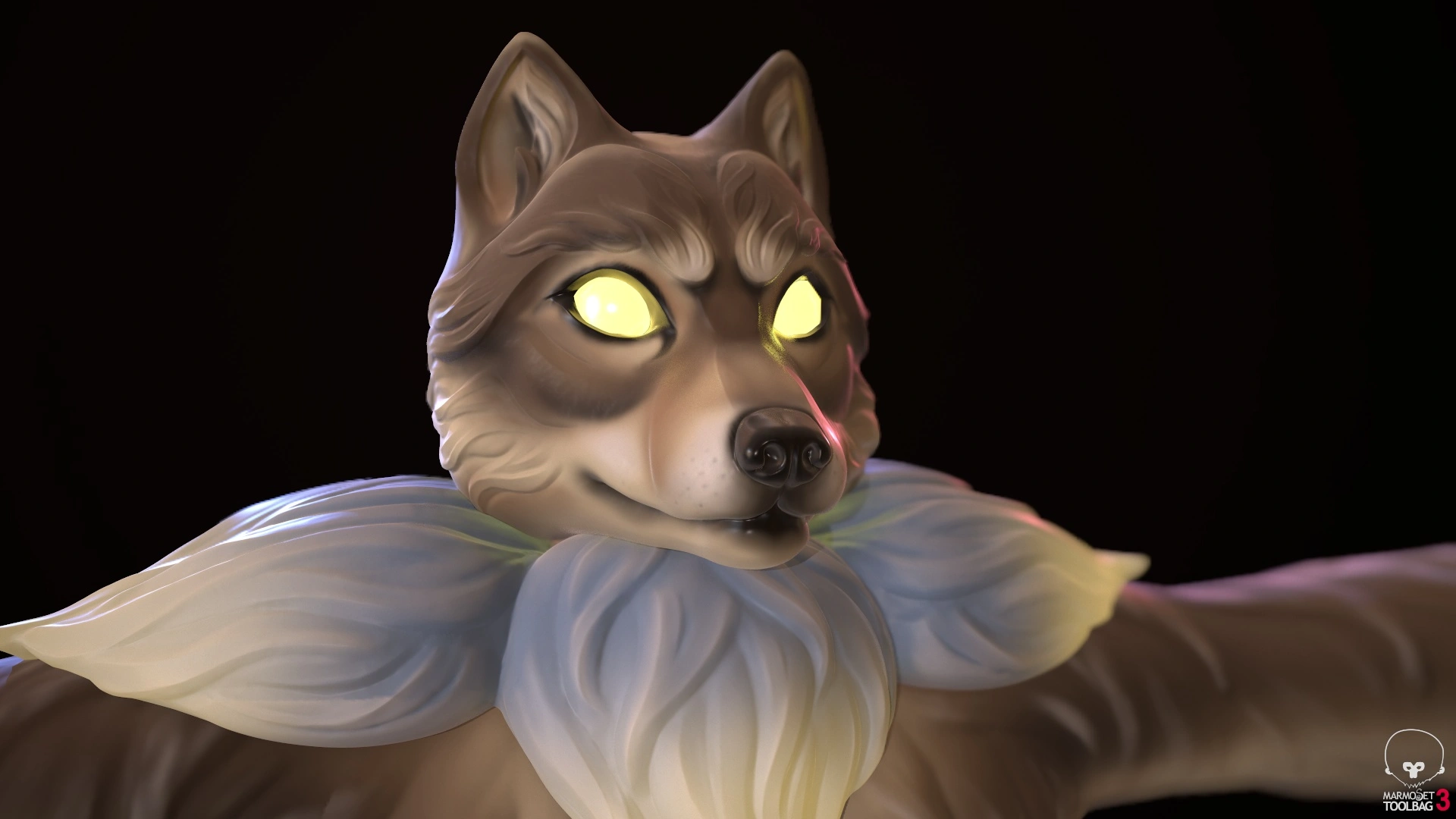 Close up of a high-polygon count 3D model of a stylized anthropomorphic wolf character with glowing yellow eyes and a grayish mane around its neck, set against a dark background.