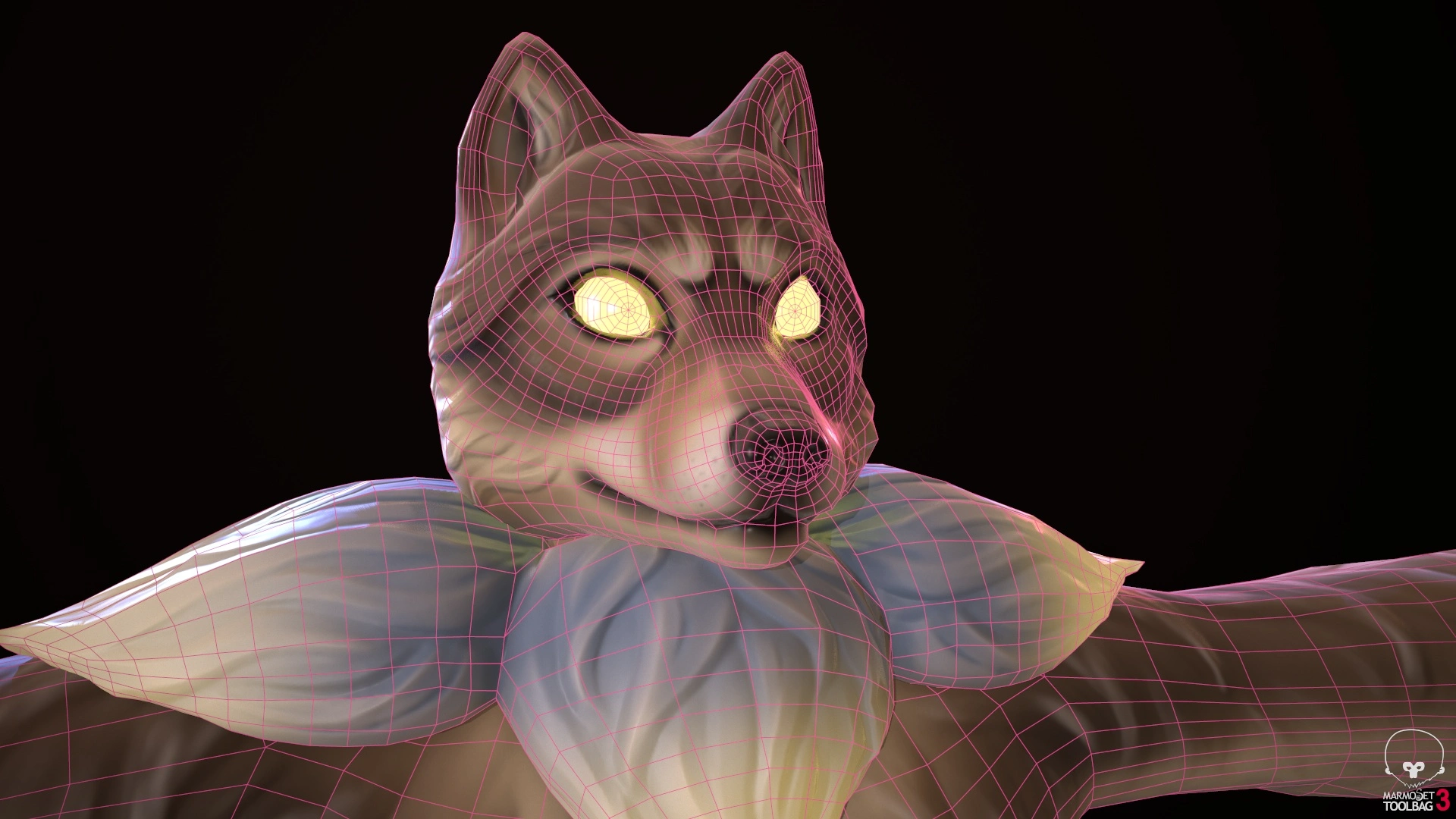 Close up of a 3D model of a stylized anthropomorphic wolf character with glowing yellow eyes and a grayish mane around its neck with a pink wireframe overlay on the geometry, set against a dark background.