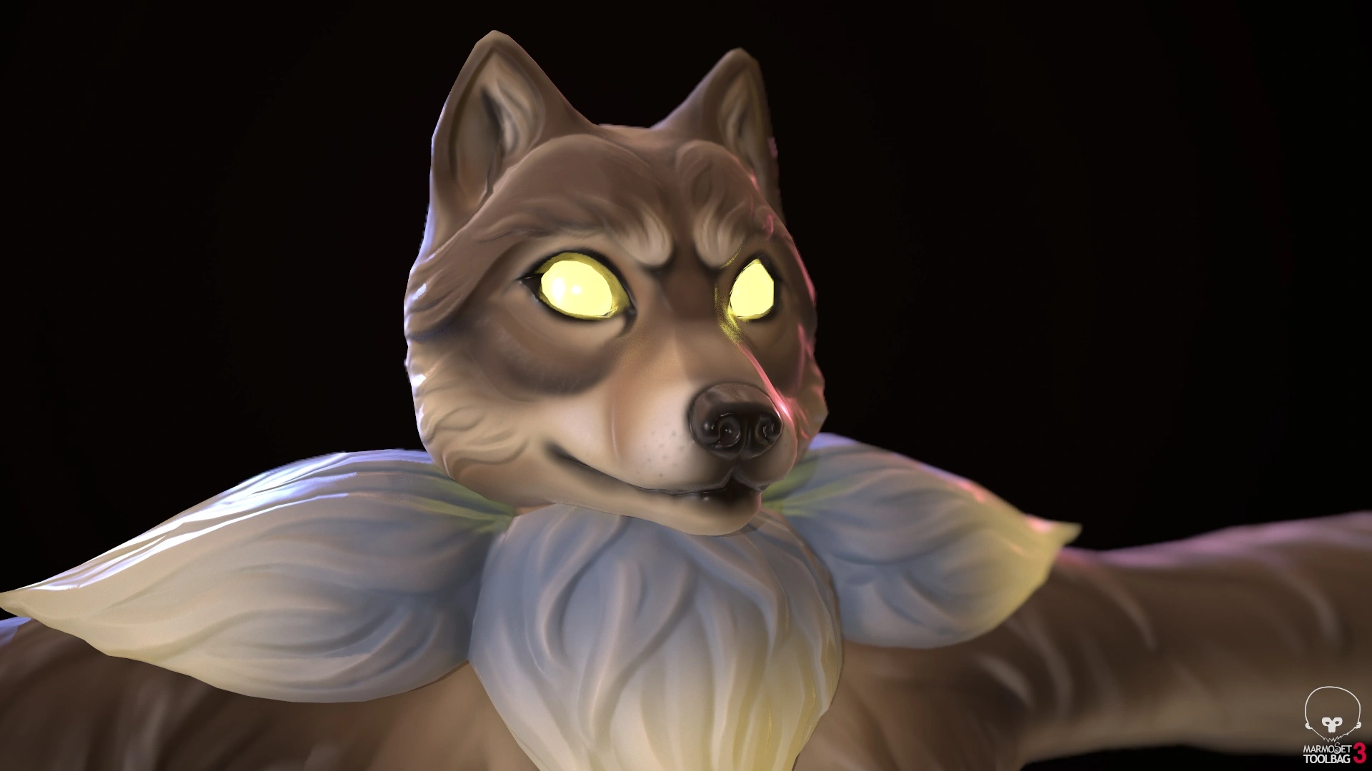 Close up of a low-polygon count 3D model of a stylized anthropomorphic wolf character with glowing yellow eyes and a grayish mane around its neck, set against a dark background.