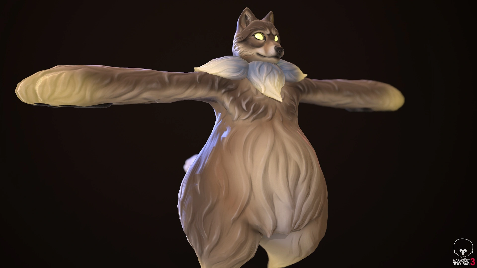 Wide shot of a 3D model of a stylized anthropomorphic wolf character with glowing yellow eyes and a grayish mane around its neck, set against a dark background.