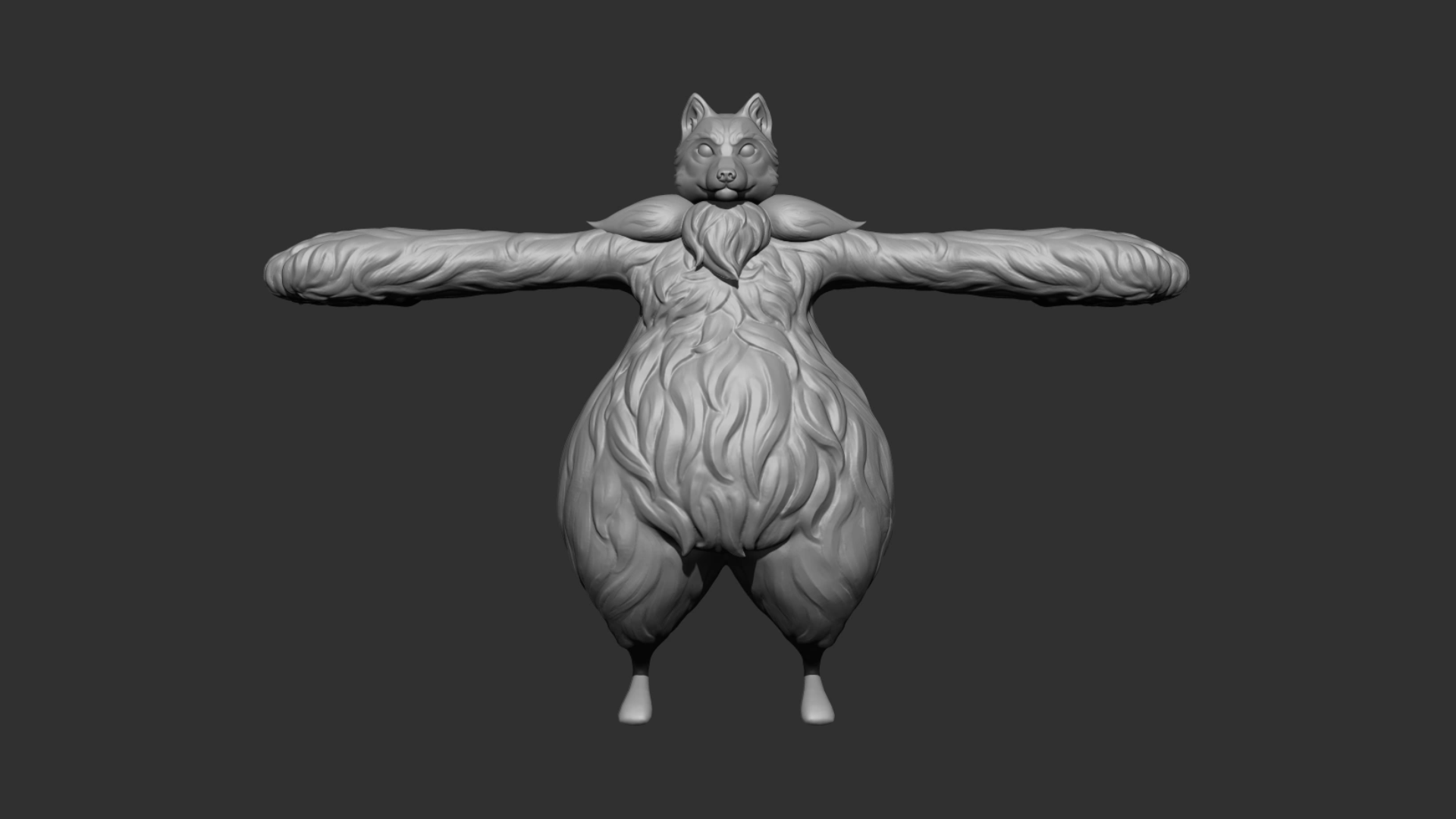 Wide shot of a greyscale 3D model of a stylized anthropomorphic wolf with detailed fur texture, displayed in T-pose on a dark background.
