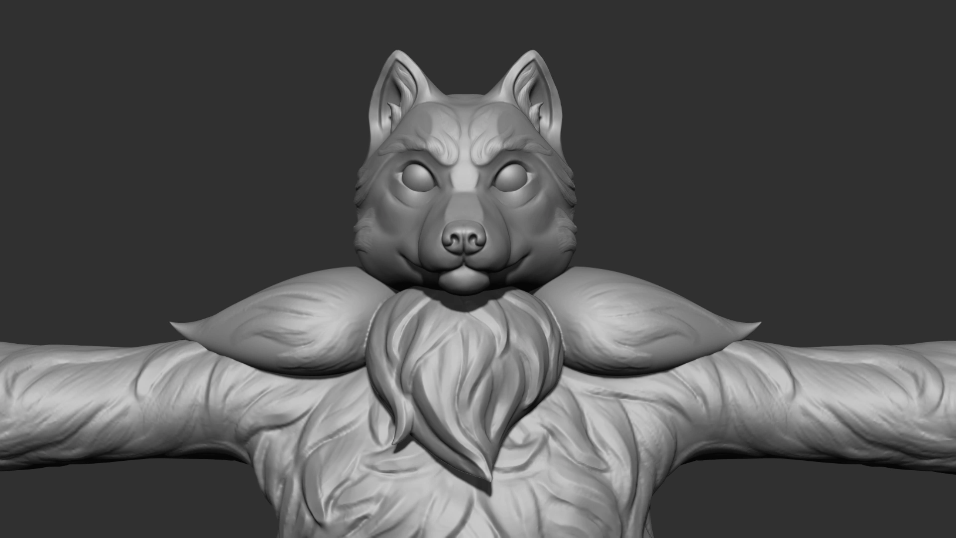 Medium close-up shot of a greyscale 3D model of a stylized anthropomorphic wolf with detailed fur texture, displayed in T-pose on a dark background.