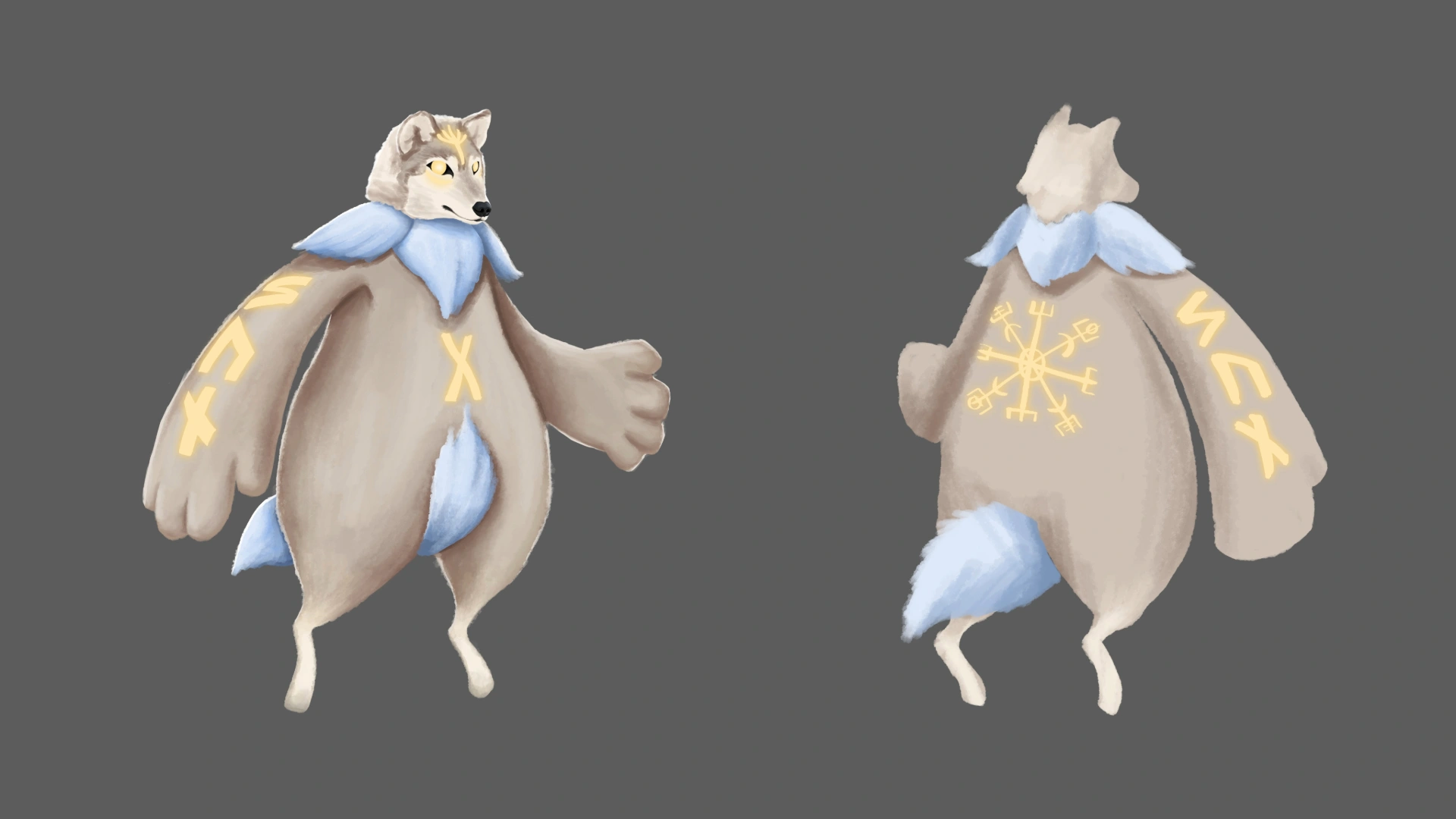 Two views of an illustrated anthropomorphic wolf character in beige coat with golden runic symbols and grayish fur around its neck and tail, shown from front and back angles against a gray background.