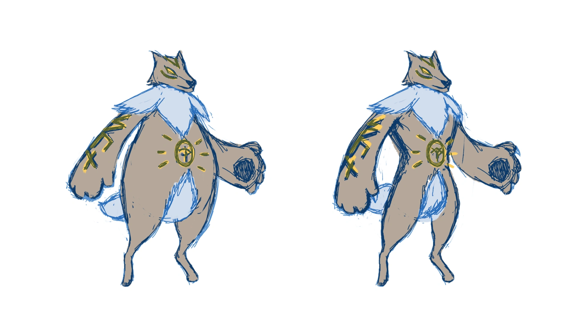 Two sketches of an anthropomorphic wolf character in beige coat with golden runic symbols and grayish fur around its neck and tail, side-by-side, showing two different body shapes.