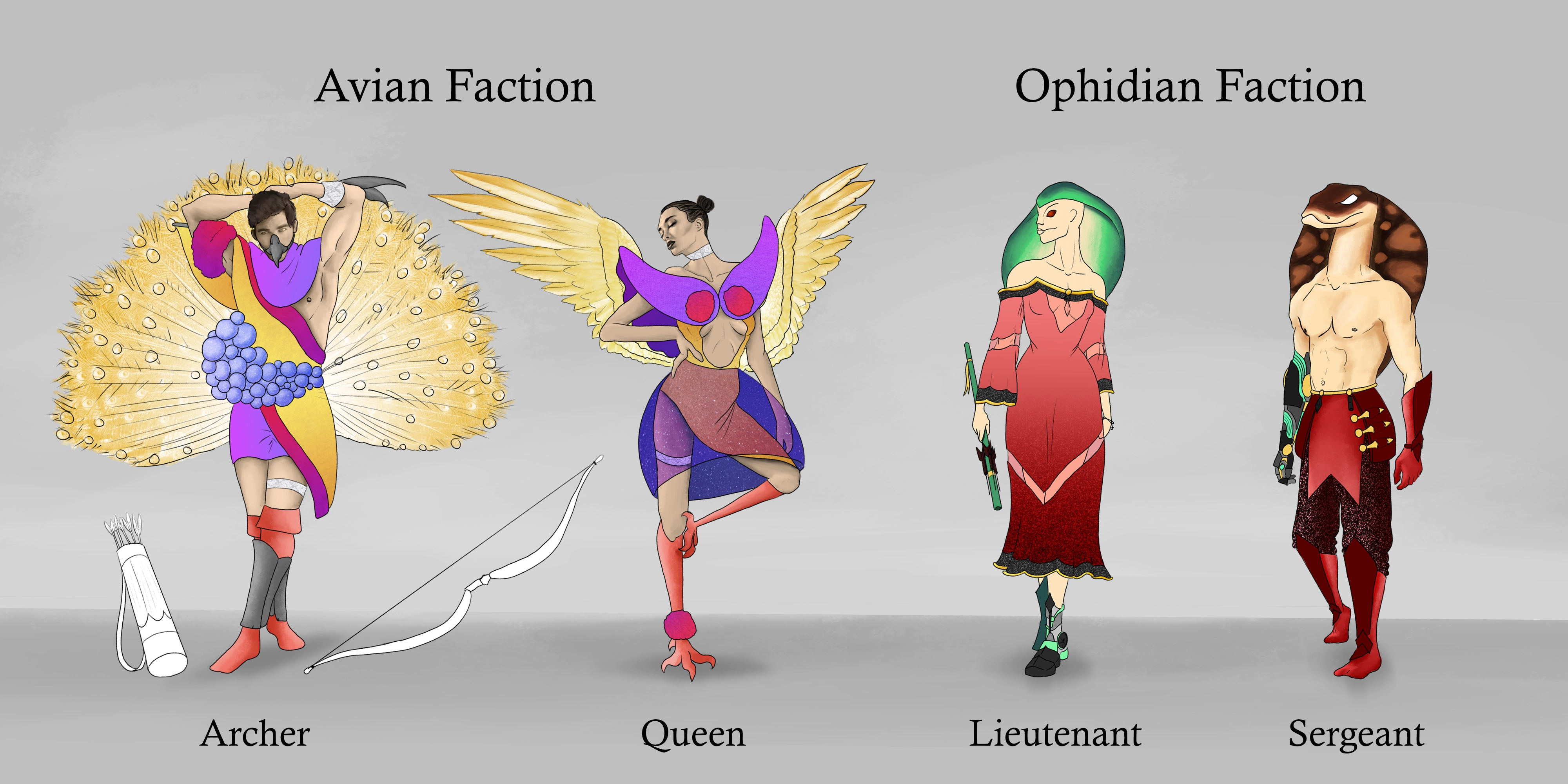 Character design sheet featuring four humanoid characters labeled Archer, Reine, Commandante, and Sergeant, each with distinct colorful outfits. The two on the left are labeled Avian faction; and the two on the right, Ophidian faction.