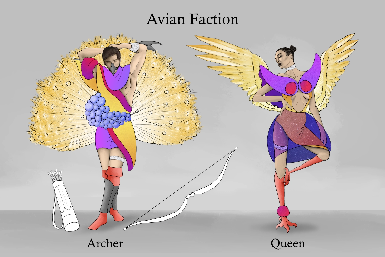 Character design sheet featuring two humanoid characters of the Avian faction labeled Archer and Queen, both with distinct colorful outfits. On the left; a masculine figure has a peacock-like golden tail, and a bird-like beak. On the right; a feminine figure has flamingo-like legs, and bird-like wings.