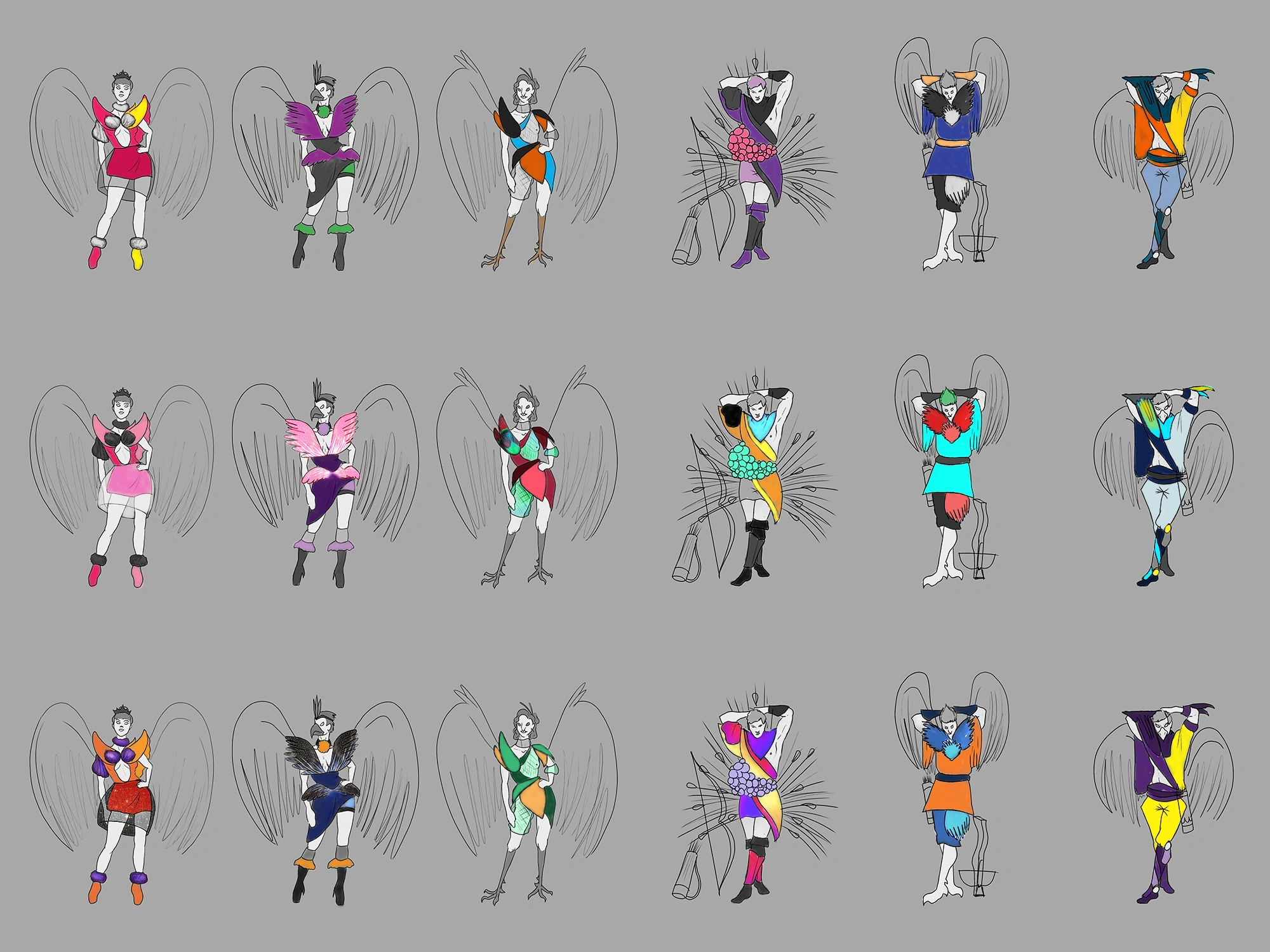 Character design sheet showing 18 winged fantasy characters with bird-like features arranged in three rows of six. Each character wears varied outfits inspired by haute couture in different mostly vibrant color combinations.