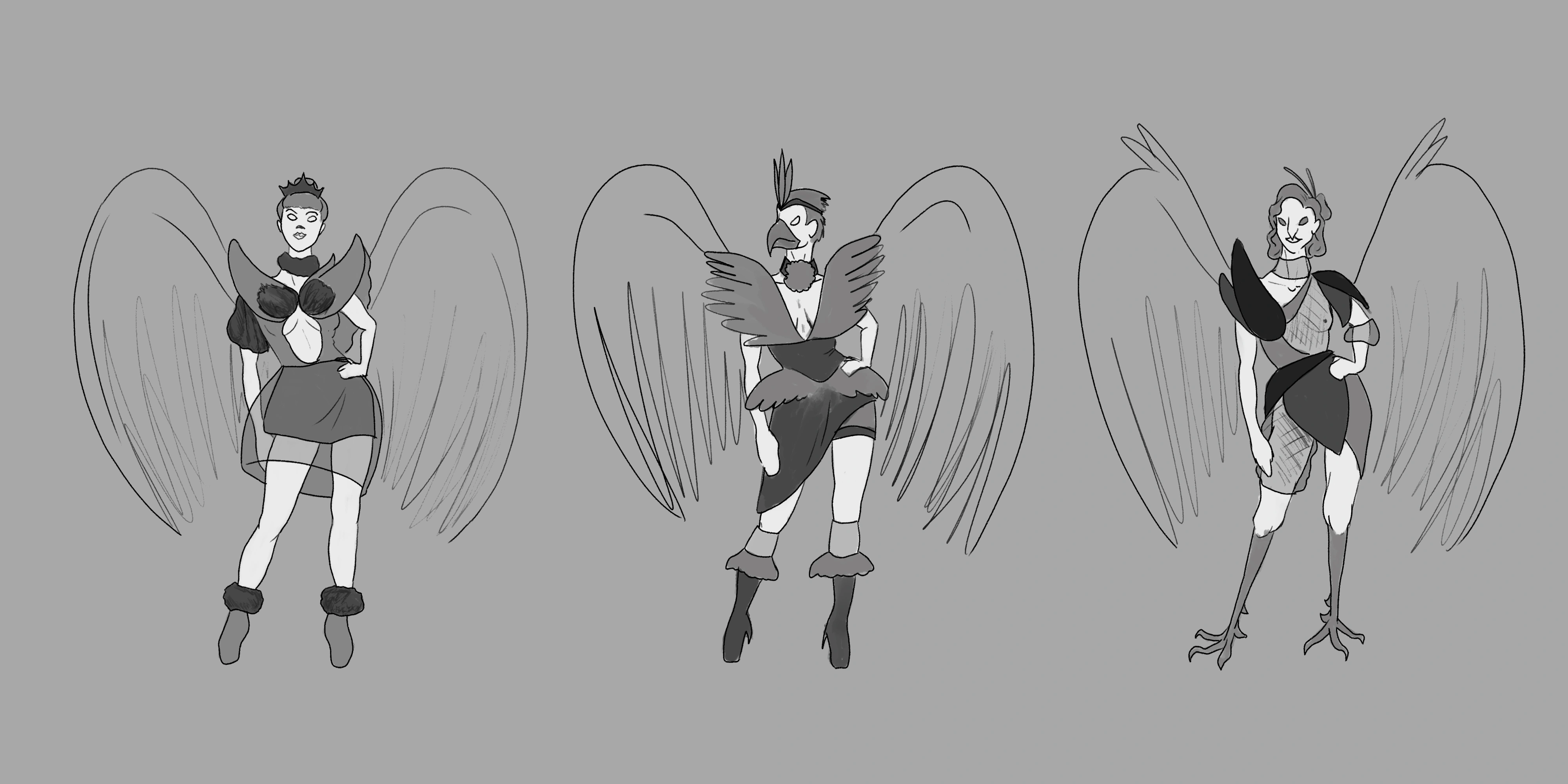 Three grayscale female fantasy characters. Left: a crowned figure with a dress featuring circular shapes. Center: a figure with a beaked face and a dress featuring wing-like details. Right: a figure with a pointy nose and talon-like legs and feet.