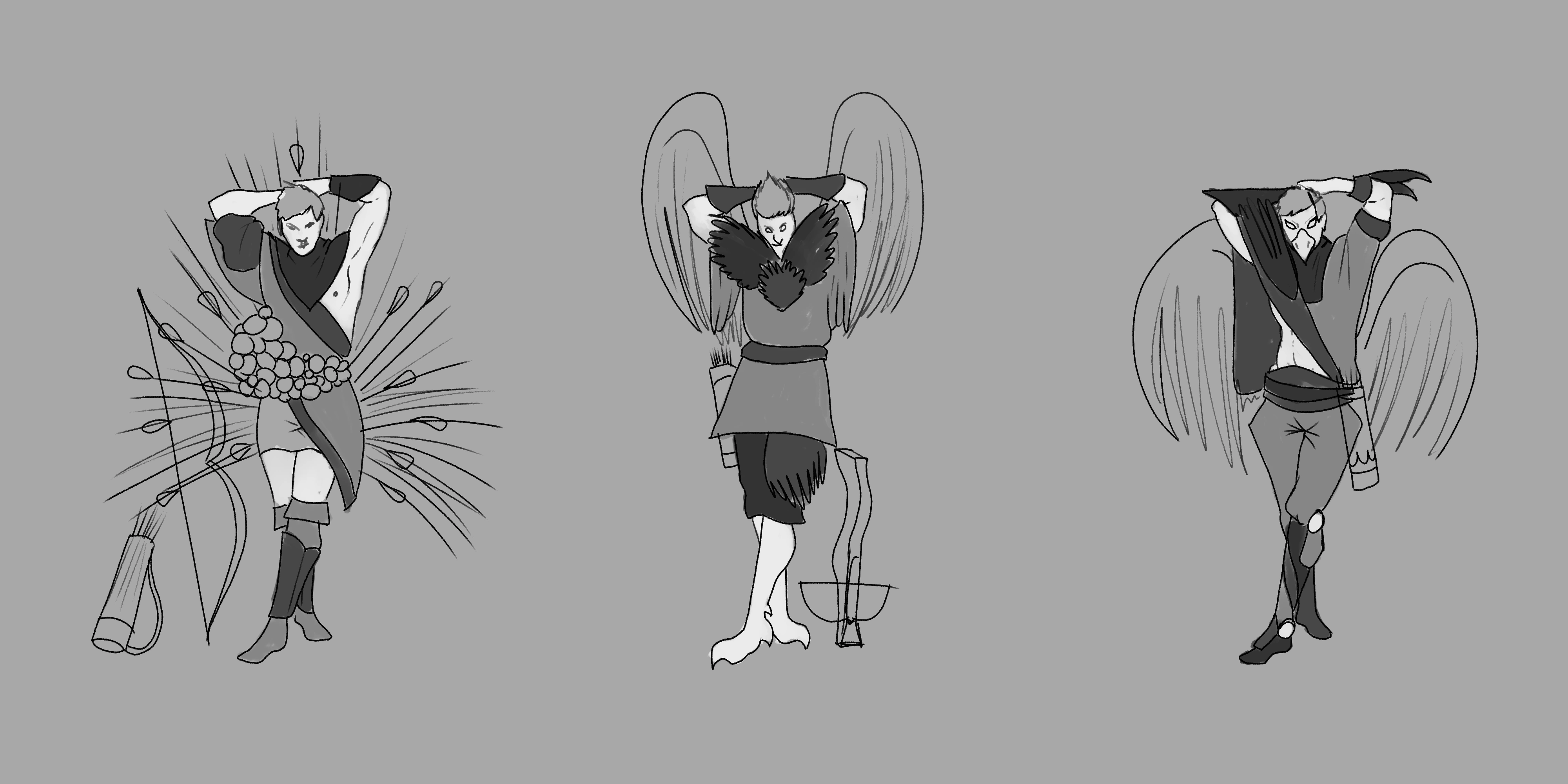 Three grayscale male fantasy characters. Left: a figure with a peacock-like tail, and a bow and quiver. Center: a figure with spiky hair and costume details with talon-like feet and a crossbow. Right: a figure with a beaked face and an outfit with feather details.