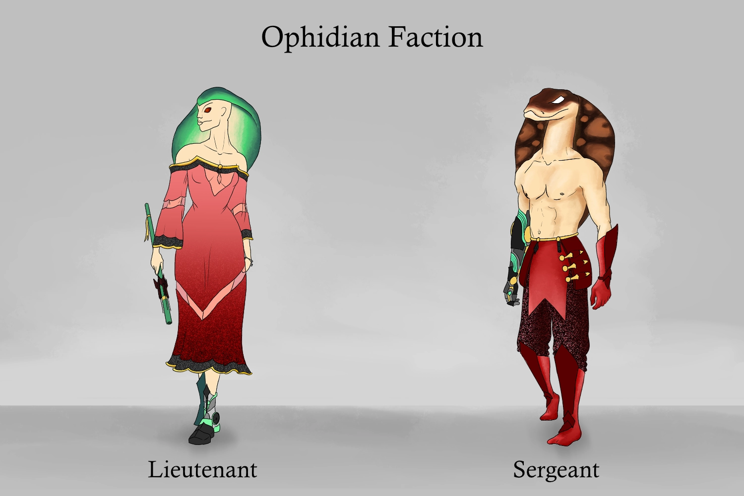 Character design sheet featuring two humanoid characters of the Ophidian faction labeled Lieutenant and Sergeant, both with distinct colorful outfits. On the left; a feminine figure has a cobra-like hood, and snake-like mouth and eyes. On the right; a masculine figure has a cobra-like head, complete with a hood and snout.