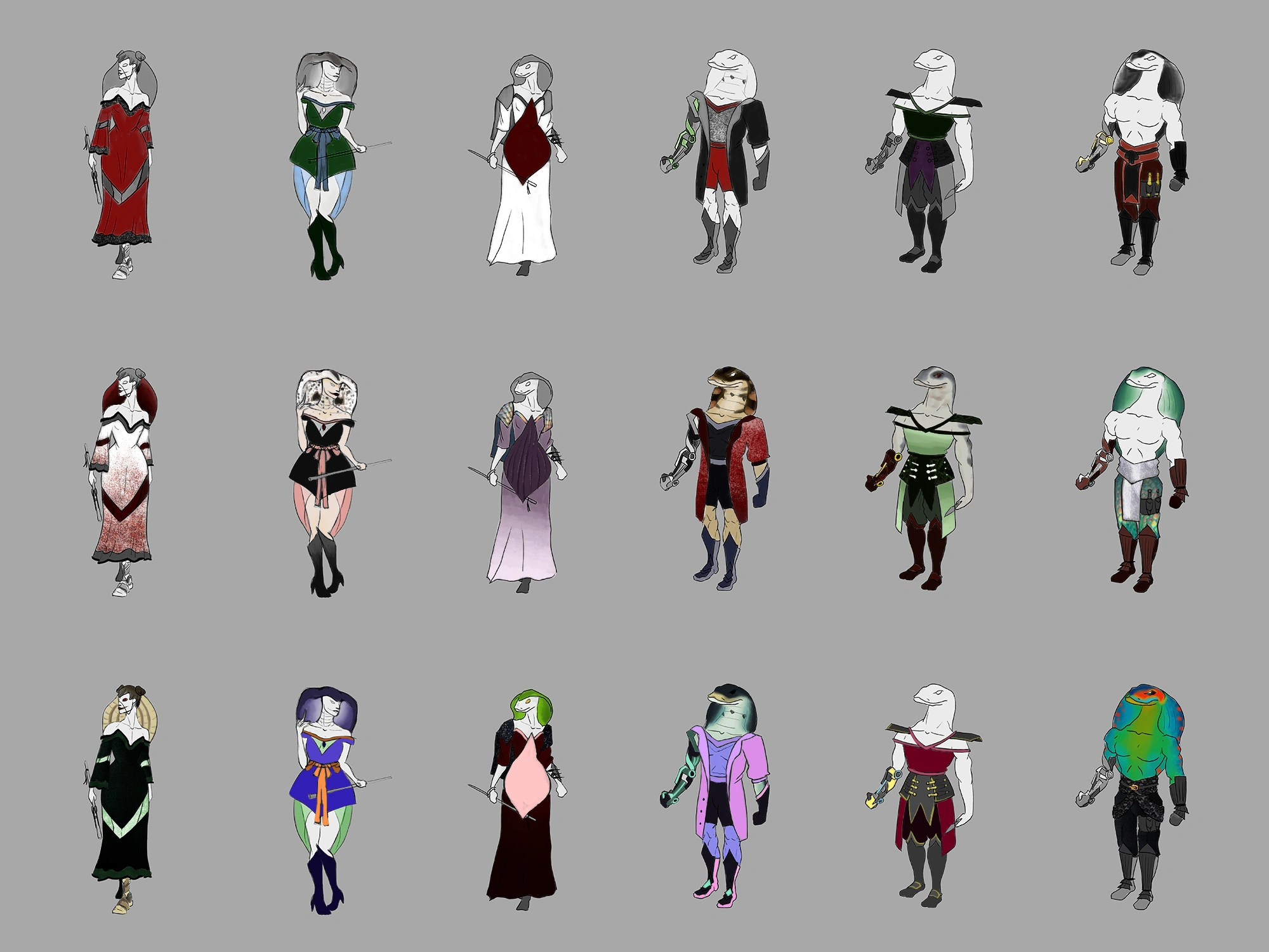 Character design sheet showing 18 hooded fantasy characters with snake-like features arranged in three rows of six. Each character wears varied outfits inspired by haute couture in different mostly sober color combinations.