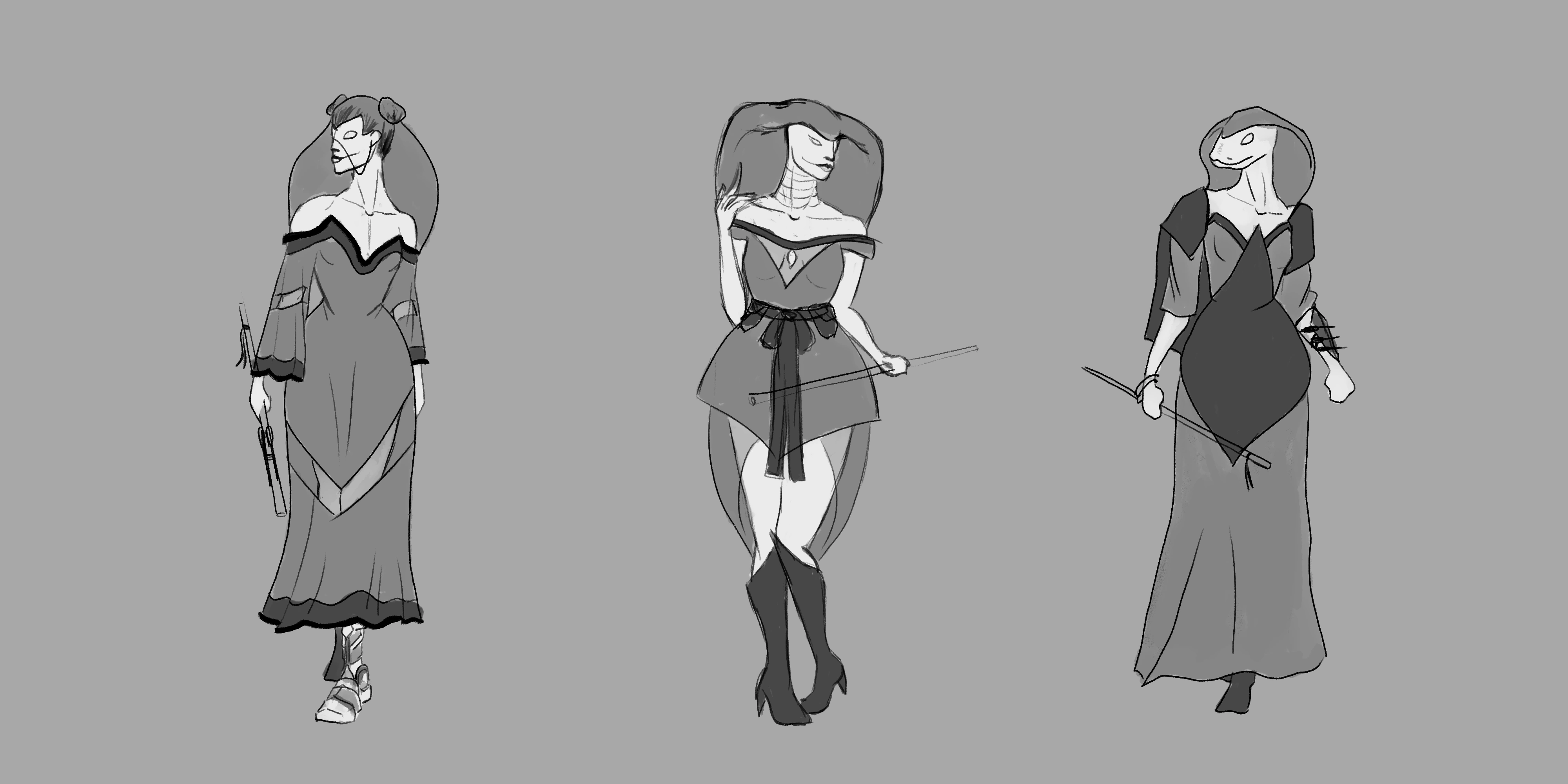 Three grayscale female fantasy characters. Left: a figure with a long flowy dress, a headdress reminiscent of a cobra hood, and a blowdart. Center: a figure with a wide snake-like mouth and a large cobra-like hood. Right: a figure with a head resembling that of a snake and a layered dress.