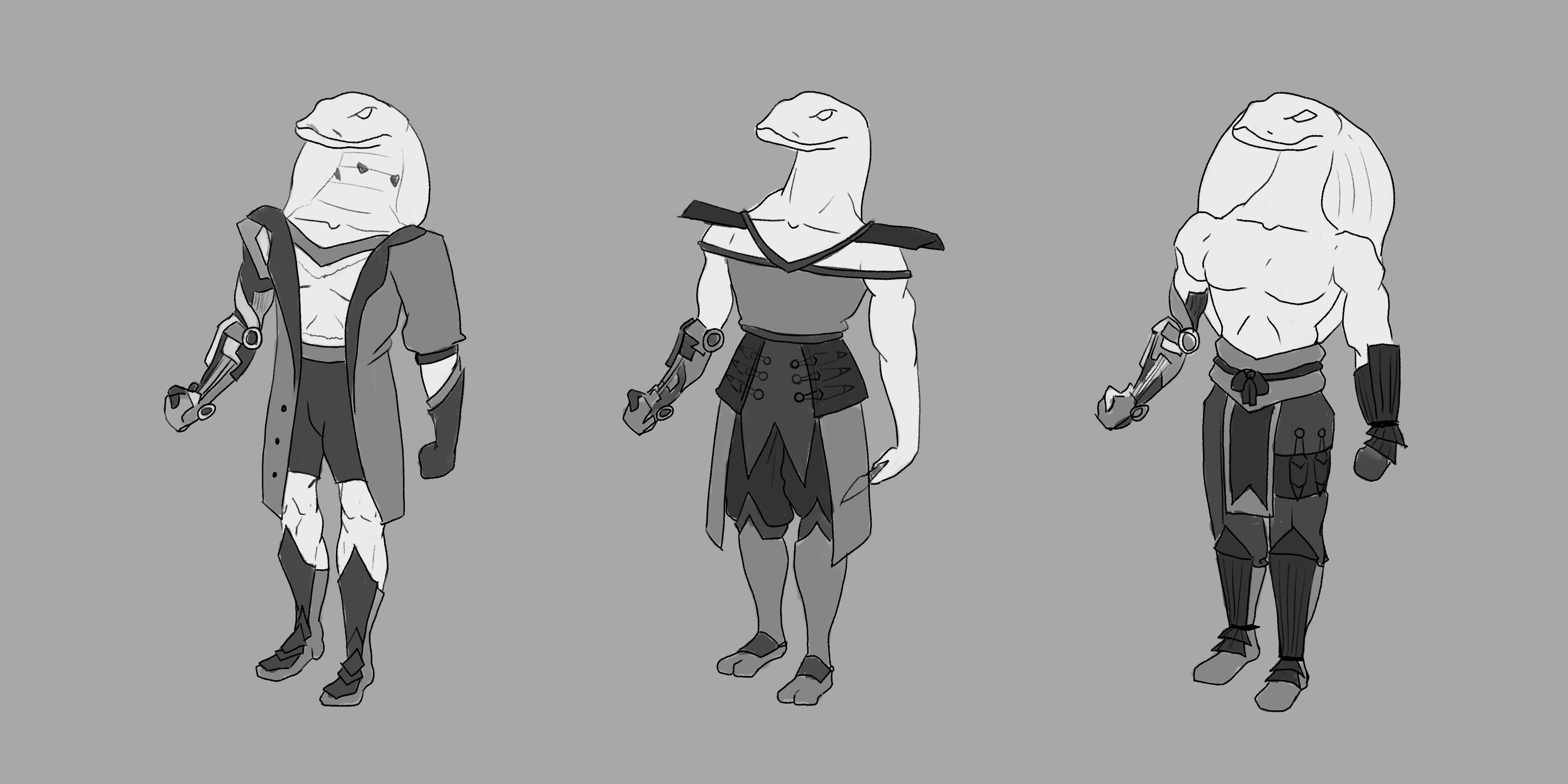 Three grayscale male fantasy characters. All three are snake-headed and have a mechanical arm. Left: a figure with a long open jacket and boots. Center: a figure in decorated armour and a skirt-like garment, holding a short dagger. Right: a bare-chested figure with a heavily armoured lower half.