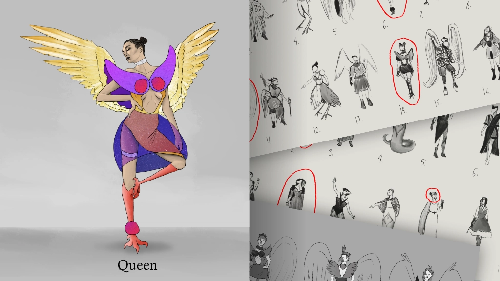 Thumbnail for a project named Avian and Ophidian, showing work in progress drawings of characters